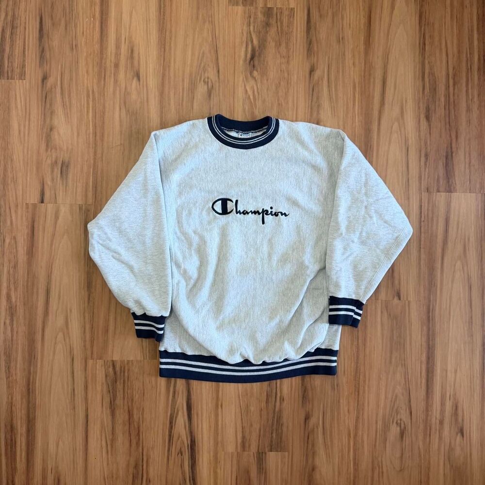 Vintage 1990’s Champion Reverse Weave Sweatshirt Ringer Grey Blue Spell Out Mens
